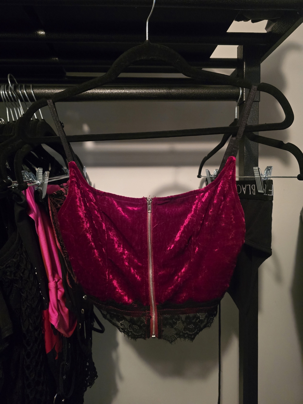 Velvet Lace Zip-Front Crop Top - Magenta